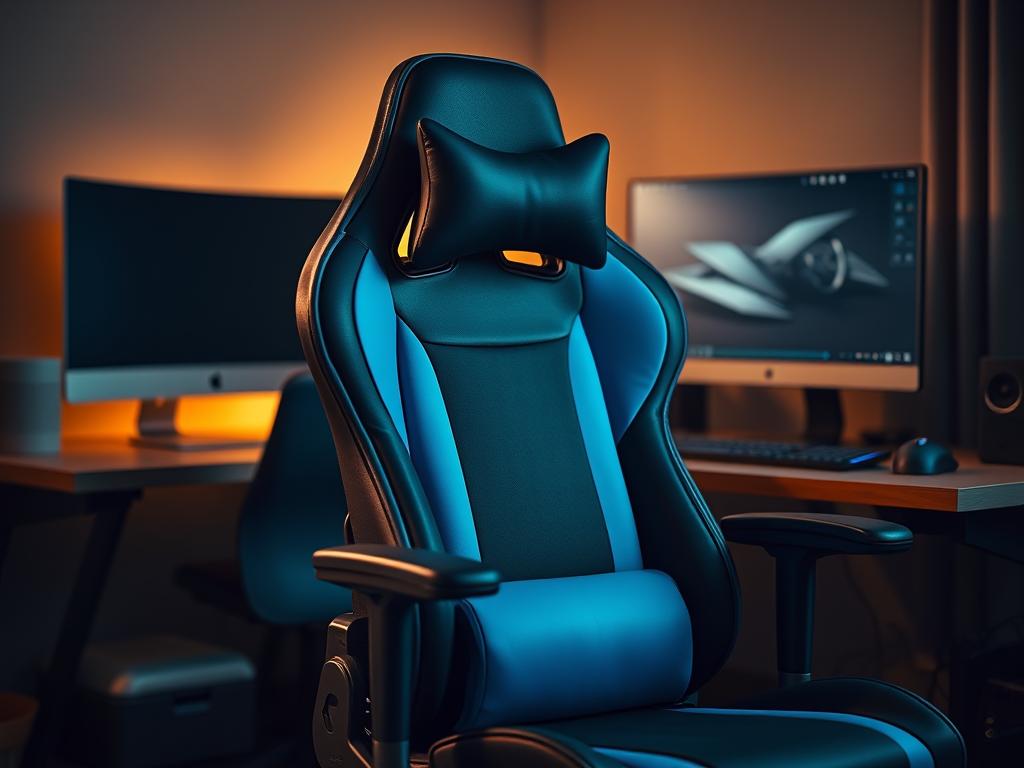A budget-friendly gaming chair featuring plush lumbar and cervical cushions, designed for ergonomic support. The chair is positioned in a cozy, dimly-lit home office setup, with a sleek wooden desk and a modern computer monitor in the background. Soft, warm lighting gently highlights the contours of the chair, emphasizing its comfortable design. The chair's upholstery is a vibrant blue and black, contrasting with the neutral tones of the room. A stylish gaming mouse and keyboard sit neatly on the desk, adding to the atmosphere. The overall mood is inviting and focused, perfect for extended gaming or work sessions. The composition captures the chair at a slight angle, showcasing its features without any text, watermarks, or logos. A budget-friendly gaming chair featuring plush lumbar and cervical cushions, designed for ergonomic support. The chair is positioned in a cozy, dimly-lit home office setup, with a sleek wooden desk and a modern computer monitor in the background. Soft, warm lighting gently highlights the contours of the chair, emphasizing its comfortable design. The chair's upholstery is a vibrant blue and black, contrasting with the neutral tones of the room. A stylish gaming mouse and keyboard sit neatly on the desk, adding to the atmosphere. The overall mood is inviting and focused, perfect for extended gaming or work sessions. The composition captures the chair at a slight angle, showcasing its features without any text, watermarks, or logos.