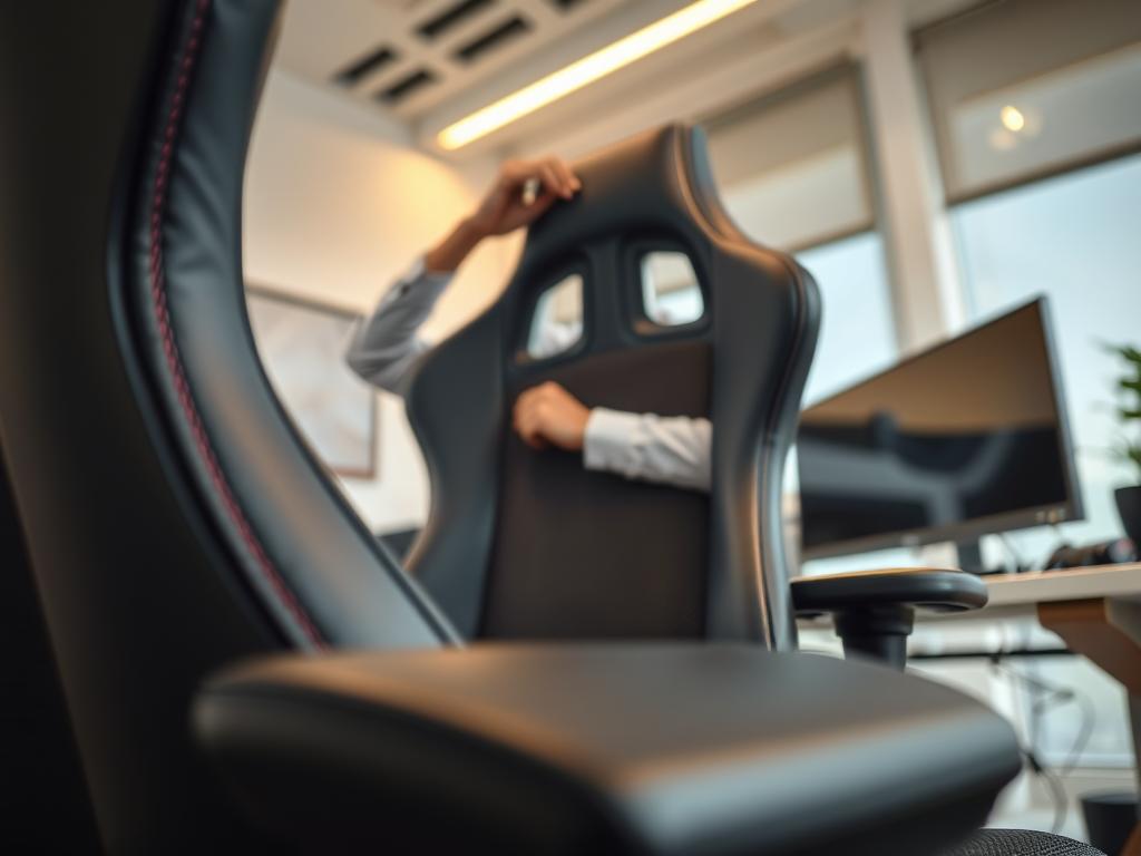A close-up of a high-quality gaming chair in a well-lit, modern workspace, showcasing its durable materials like breathable mesh and reinforced stitching. The foreground features a focus on the chair’s armrests and lumbar support, highlighting ergonomic design. In the middle ground, a subtle reflection of a person in professional attire is seen adjusting the chair, symbolizing maintenance and care. The background includes a neatly organized desk with gaming accessories and soft ambient lighting, creating a mood of professionalism and comfort. The angle captures the chair from a slight low perspective to emphasize its stature and craftsmanship, instilling a sense of durability and elegance in the scene. A close-up of a high-quality gaming chair in a well-lit, modern workspace, showcasing its durable materials like breathable mesh and reinforced stitching. The foreground features a focus on the chair’s armrests and lumbar support, highlighting ergonomic design. In the middle ground, a subtle reflection of a person in professional attire is seen adjusting the chair, symbolizing maintenance and care. The background includes a neatly organized desk with gaming accessories and soft ambient lighting, creating a mood of professionalism and comfort. The angle captures the chair from a slight low perspective to emphasize its stature and craftsmanship, instilling a sense of durability and elegance in the scene.