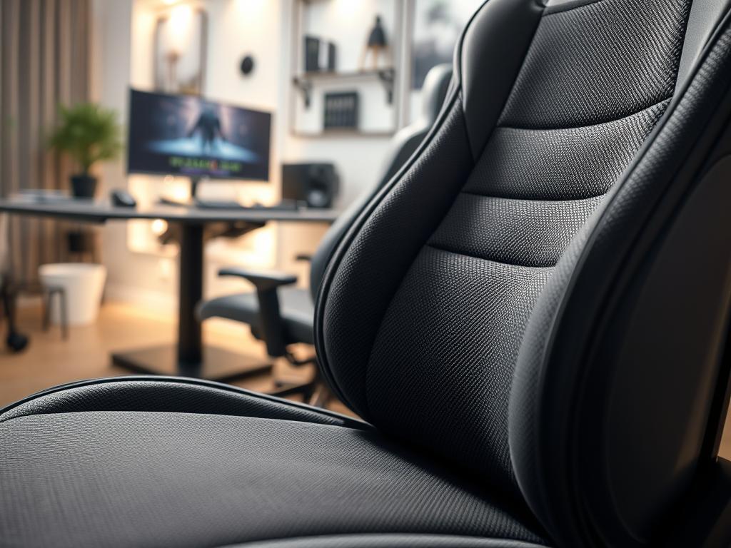 A close-up view of a high-quality ergonomic gaming chair featuring a detailed cushion made from high-density foam, showcasing its durability and comfort. The foreground focuses on the textured fabric and stitching of the chair, emphasizing the plush yet supportive seat. In the middle ground, the chair is positioned against a modern gaming setup with a sleek desk, comfortable lighting that highlights the chair's contours. The background features a softly blurred backdrop of a stylish room with ambient light, creating a relaxed atmosphere. The overall mood is inviting and professional, perfect for conveying quality. Use a soft focus lens to enhance the textures and details of the chair, capturing its ergonomic design in a way that appeals to gamers looking for quality seating.