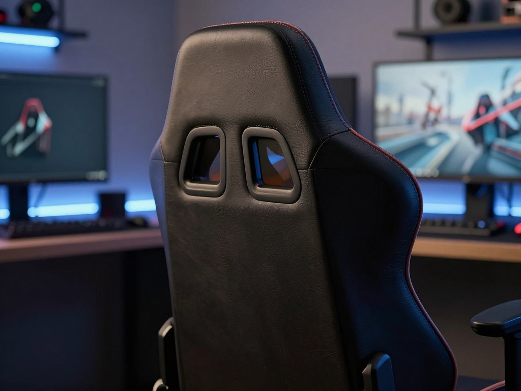 A close-up view of an ergonomic gaming chair, focusing on its durable materials, like high-quality synthetic leather and reinforced stitching. The chair, prominently positioned in the foreground, showcases its ergonomic design with adjustable features and a supportive backrest. In the middle ground, there's a blurred desktop with gaming paraphernalia, subtly indicating a gaming environment without being distracting. The background features a modern gaming setup, softly lit by ambient LED lights creating a cool and inviting atmosphere. The lighting emphasizes the textures of the chair's materials, highlighting their richness and sturdiness. This image exudes a sense of professionalism and durability, suitable for illustrating the importance of material quality in ergonomic gaming chairs. A close-up view of an ergonomic gaming chair, focusing on its durable materials, like high-quality synthetic leather and reinforced stitching. The chair, prominently positioned in the foreground, showcases its ergonomic design with adjustable features and a supportive backrest. In the middle ground, there's a blurred desktop with gaming paraphernalia, subtly indicating a gaming environment without being distracting. The background features a modern gaming setup, softly lit by ambient LED lights creating a cool and inviting atmosphere. The lighting emphasizes the textures of the chair's materials, highlighting their richness and sturdiness. This image exudes a sense of professionalism and durability, suitable for illustrating the importance of material quality in ergonomic gaming chairs.