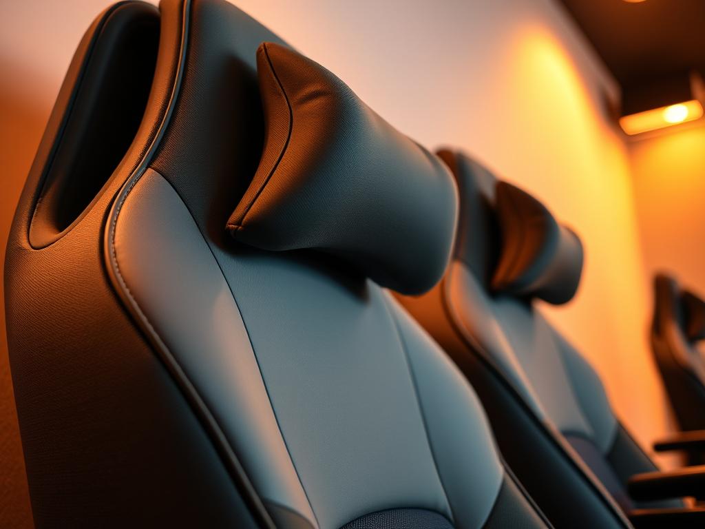 A close-up view of ergonomic gaming chair armrests and headrests, showcasing their comfort and performance features. The armrests are plush, padded with soft fabric, and adjustable, angled slightly inwards to illustrate ergonomic design. The headrest is contoured, supporting the neck with firm cushioning, all set against a softly illuminated background that highlights the curve and texture of the chair. The lighting is warm, enhancing the inviting and comfortable atmosphere, and it's shot from a low angle to emphasize the stature and design quality of the chair. No text or markings present, creating a clean, focused image that conveys both style and functionality.