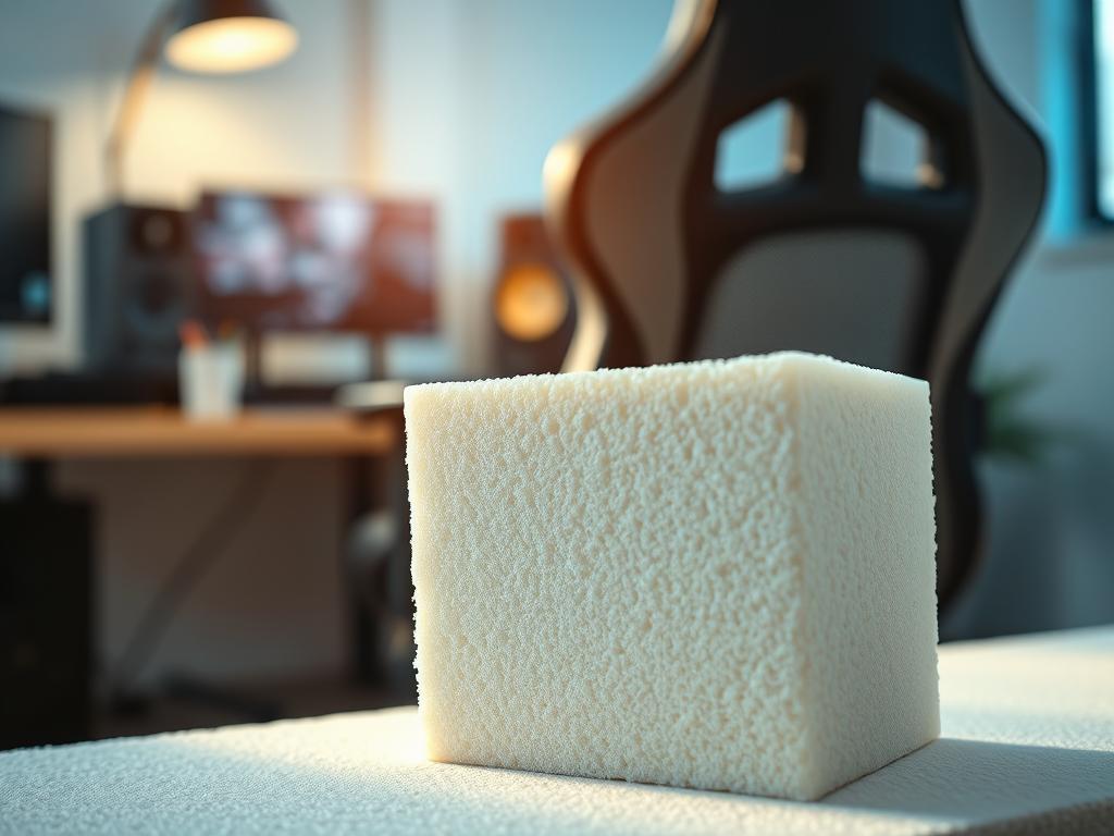 A close-up view of high-density foam used in ergonomic gaming chairs, showcasing its texture and structure. In the foreground, focus on a slice of the foam, revealing its intricate cell structure, with soft natural lighting highlighting the different density layers. The middle ground features a sleek, modern gaming chair with visible foam in the seat and backrest, emphasizing comfort and support. In the background, blurred gaming accessories and a stylish desk setup create a cozy gaming ambiance. The overall mood is professional yet inviting, capturing the essence of comfort in gaming. Use a shallow depth of field to enhance the highlight on the foam, and opt for a warm color palette to evoke a sense of relaxation and ergonomics.