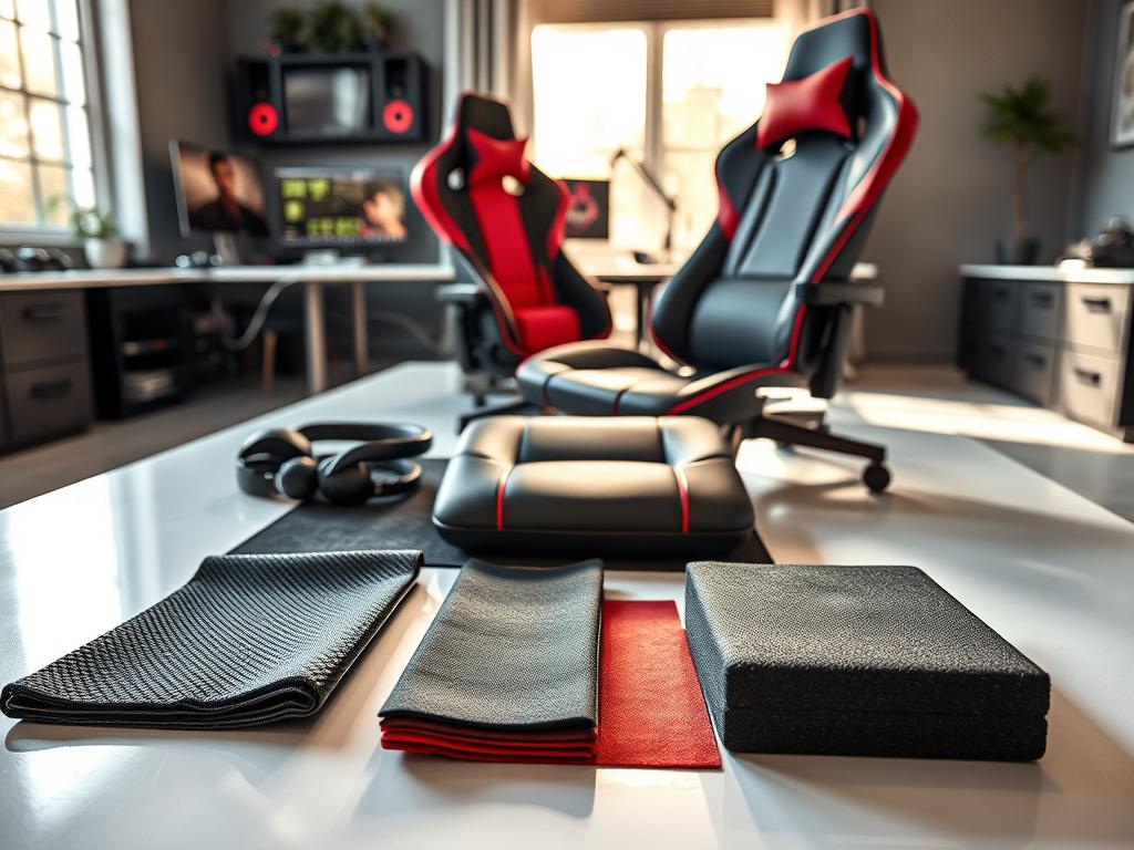 A close-up view of various materials used in ergonomic gaming chairs laid out on a sleek, modern surface. The foreground features samples of breathable mesh fabric, smooth vegan leather, and high-density foam padding, showcasing their textures and colors in detail. The middle section displays a half-assembled gaming chair, highlighting the contrasting materials used for the seat and backrest, with rich tones of black and red. In the background, a softly illuminated workspace with gaming accessories sets a gaming atmosphere, while natural light spills in from a window, casting gentle shadows. The image should evoke a sense of professionalism and sleekness, ideal for a technical guide on gaming chair materials. A close-up view of various materials used in ergonomic gaming chairs laid out on a sleek, modern surface. The foreground features samples of breathable mesh fabric, smooth vegan leather, and high-density foam padding, showcasing their textures and colors in detail. The middle section displays a half-assembled gaming chair, highlighting the contrasting materials used for the seat and backrest, with rich tones of black and red. In the background, a softly illuminated workspace with gaming accessories sets a gaming atmosphere, while natural light spills in from a window, casting gentle shadows. The image should evoke a sense of professionalism and sleekness, ideal for a technical guide on gaming chair materials.