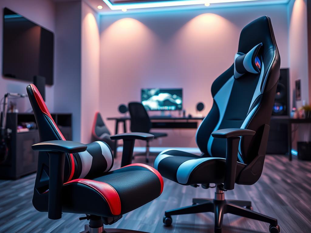 A comfortable gaming chair designed for ergonomics, featuring essential adjustable components, such as height, armrests, and lumbar support. The chair is set in a modern gaming room with a sleek, minimalist aesthetic. In the foreground, the chair is the focal point, with its plush padding and vibrant colors like black and red or blue and white. In the middle ground, there's a stylish desk with a high-end gaming monitor and accessories, adding to the atmosphere of a serious gamer’s zone. The background features soft ambient lighting, creating a focused yet inviting mood, while shadows gently play across the room. The angle captures the chair from a slight side view to emphasize its design and functionality. The scene feels modern and dynamic, appealing to gamers searching for comfort and value.