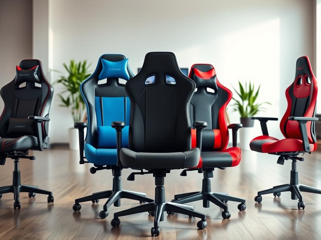 A detailed comparison of ergonomic gaming chairs highlighting their cost-benefit analysis, displayed in a well-lit, modern office setting. In the foreground, showcase three distinct gaming chair models, each with unique designs and colors—one in a sleek black, another in a vibrant blue, and the last in a bold red. These chairs should capture ergonomic features like adjustable armrests, lumbar support, and breathable materials. In the middle ground, include a subtle desk with a high-resolution gaming monitor and a keyboard, suggesting a gaming environment. The background features a minimalist décor with plants and soft lighting to create a calm and professional atmosphere. Use a wide-angle perspective to capture the arrangement, emphasizing the practicality and aesthetic appeal of each chair in the analysis.