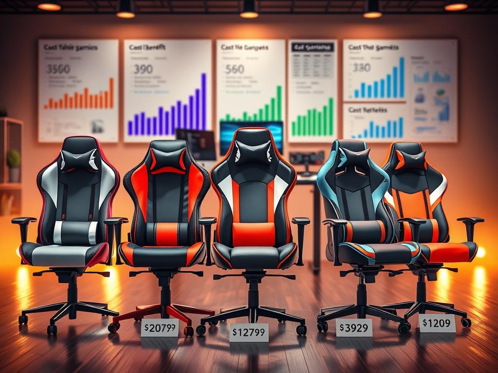 A detailed comparison of various gaming chairs arranged in a visually appealing display. In the foreground, showcase three distinct gaming chairs, uniquely designed with vibrant colors and ergonomic features, each labeled with their respective price tags. The middle ground features a sleek and modern desk setup, equipped with a gaming monitor and accessories, creating a realistic gaming environment. In the background, a soft-focus display of graphs and charts depicting cost-benefit analysis adds depth. Use warm, inviting lighting to create a focused yet relaxed atmosphere, with a slight emphasis on highlighting the chairs. The image should evoke a sense of thoughtful decision-making for consumers considering gaming chair purchases. A detailed comparison of various gaming chairs arranged in a visually appealing display. In the foreground, showcase three distinct gaming chairs, uniquely designed with vibrant colors and ergonomic features, each labeled with their respective price tags. The middle ground features a sleek and modern desk setup, equipped with a gaming monitor and accessories, creating a realistic gaming environment. In the background, a soft-focus display of graphs and charts depicting cost-benefit analysis adds depth. Use warm, inviting lighting to create a focused yet relaxed atmosphere, with a slight emphasis on highlighting the chairs. The image should evoke a sense of thoughtful decision-making for consumers considering gaming chair purchases.
