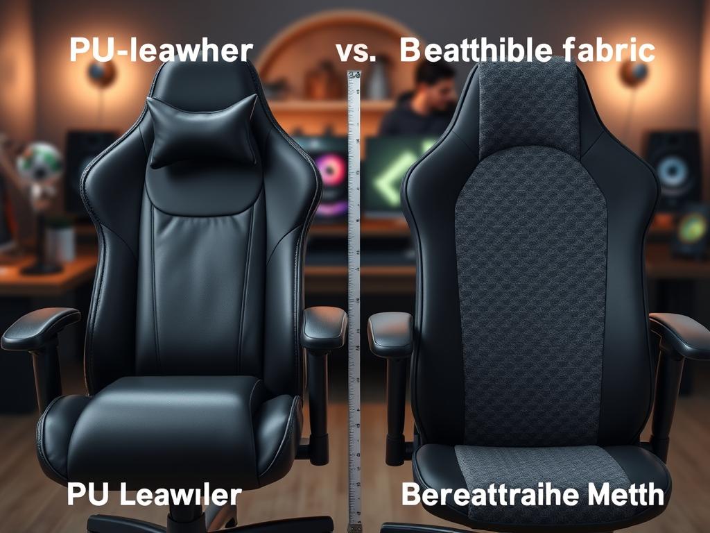 A detailed side-by-side comparison of a PU leather gaming chair and a breathable fabric gaming chair, showcasing their unique materials and designs. In the foreground, prominently feature the PU leather chair with its glossy finish and ergonomic features, including adjustable armrests and a high back. Next to it, the breathable fabric chair, highlighting its textured surface and ventilation mesh. The middle ground should include subtle details like a measuring tape for scale. The background is a softly blurred gaming setup with ambient lighting emphasizing a cozy atmosphere. Use a slight overhead angle to capture both chairs, conveying a professional yet inviting mood to engage the viewer in the comparison of these two gaming chair options. A detailed side-by-side comparison of a PU leather gaming chair and a breathable fabric gaming chair, showcasing their unique materials and designs. In the foreground, prominently feature the PU leather chair with its glossy finish and ergonomic features, including adjustable armrests and a high back. Next to it, the breathable fabric chair, highlighting its textured surface and ventilation mesh. The middle ground should include subtle details like a measuring tape for scale. The background is a softly blurred gaming setup with ambient lighting emphasizing a cozy atmosphere. Use a slight overhead angle to capture both chairs, conveying a professional yet inviting mood to engage the viewer in the comparison of these two gaming chair options.