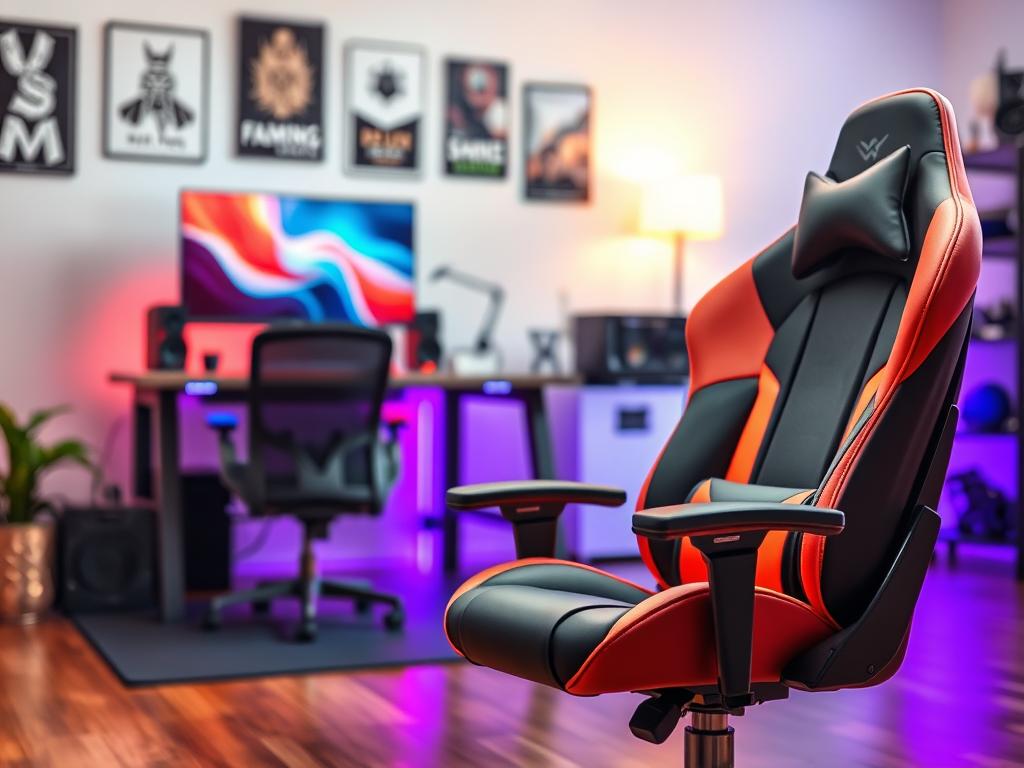 A durable gaming chair designed for longevity, featuring a sleek ergonomic shape with vibrant colors and adjustable components. The chair is shown prominently in the foreground, highlighting its high-quality materials, reinforced stitching, and soft cushioning. In the middle ground, there is a tidy gaming setup with a modern desk, an active gaming monitor, and RGB lighting that creates a dynamic atmosphere. The background is softly blurred to enhance focus on the chair, featuring a subtle hint of a cozy game room with posters and accessories. Warm, soft lighting complements the scene, creating a welcoming and professional mood, suggesting care and regular maintenance. The image is captured with a shallow depth of field to draw attention to the chair while providing context in the environment.
