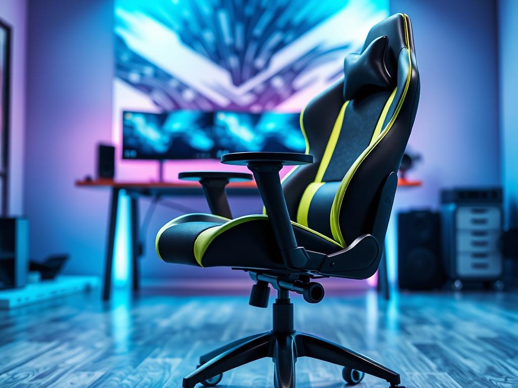 A dynamic and detailed image showcasing a gamer chair with adjustable height and inclination features. In the foreground, a sleek, ergonomic gamer chair is elegantly positioned, highlighting its adjustable components – a lever for height adjustment and a tilt mechanism for inclination. The chair is upholstered in a modern fabric, with a striking color scheme of black and neon green. In the middle ground, a soft-focus gaming desk with a stylish monitor setup complements the scene, suggesting a vibrant gaming environment. The background features ambient lighting in cool tones, creating a motivating atmosphere. Capture the image from a slight low angle to emphasize the chair’s height and functionality, while ensuring the lighting highlights its textures and design. The overall mood is energetic and inviting for gamers.