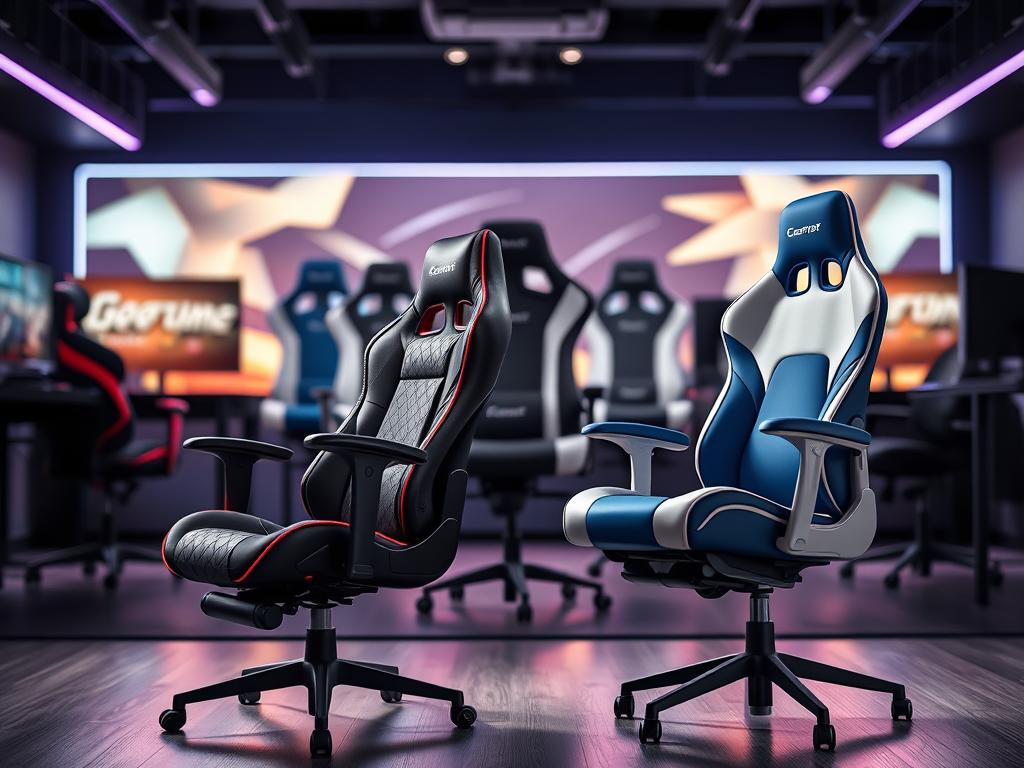 A dynamic comparative image showcasing various ergonomic gaming chairs priced under R$1000. In the foreground, highlight two distinct gaming chairs, one in a sleek black design with red accents and the other in a modern blue and white combo. These chairs should be positioned at an angle to showcase their ergonomic features, including adjustable armrests and lumbar support. In the middle background, slightly blurred, display three additional chairs of different designs and colors, emphasizing variety. The background should be a stylish gaming setup with ambient lighting, enhancing the futuristic atmosphere. Use soft, diffused lighting to create an inviting feel, captured from a slightly elevated angle to provide depth and dimension. The overall mood should be energetic and modern, appealing to gaming enthusiasts.
