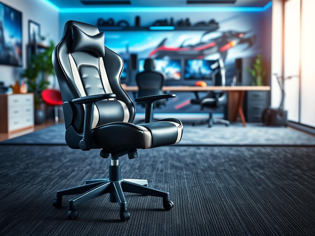 A dynamic image showcasing gamer chairs emphasizing their mobility and performance. In the foreground, focus on a sleek, ergonomic gamer chair with smooth, sturdy caster wheels, exemplifying superior design. The chair should be positioned at a slight angle, allowing a view of its contours and high-quality materials. In the middle ground, depict a spacious gaming setup with a desk, monitor, and accessories, highlighting how the chair fits seamlessly into an engaging gaming environment. The background should feature a softly blurred game-themed room, enhancing the overall atmosphere. Use bright, focused lighting to accentuate the chair's features and create a vibrant, energetic mood, ideal for a gaming enthusiast. The composition should be dynamic and visually captivating, emphasizing the chair’s operational efficiency without any distractions or text.