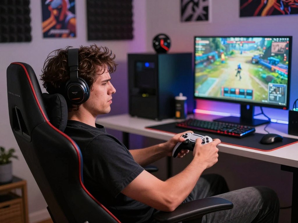 A focused gamer in a modern, ergonomic gaming chair, showing signs of discomfort due to long gaming sessions. The foreground features a close-up of the gamer’s slouched posture, hands gripping a gaming controller, with furrowed brows showcasing concentration. In the middle ground, a bright desk adorned with gaming paraphernalia, a computer screen displaying an intense game, and ambient LED lighting creating a vibrant yet slightly tense atmosphere. The background includes a cozy room setting, with soundproof foam panels and motivational posters on the wall. Soft, diffused lighting enhances the mood, while a shallow depth of field emphasizes the gamer's posture. Capture the intricate details of the chair's support structures and the subtle wear on the gaming setup, reinforcing the impact of excessive gaming on posture. A focused gamer in a modern, ergonomic gaming chair, showing signs of discomfort due to long gaming sessions. The foreground features a close-up of the gamer’s slouched posture, hands gripping a gaming controller, with furrowed brows showcasing concentration. In the middle ground, a bright desk adorned with gaming paraphernalia, a computer screen displaying an intense game, and ambient LED lighting creating a vibrant yet slightly tense atmosphere. The background includes a cozy room setting, with soundproof foam panels and motivational posters on the wall. Soft, diffused lighting enhances the mood, while a shallow depth of field emphasizes the gamer's posture. Capture the intricate details of the chair's support structures and the subtle wear on the gaming setup, reinforcing the impact of excessive gaming on posture.
