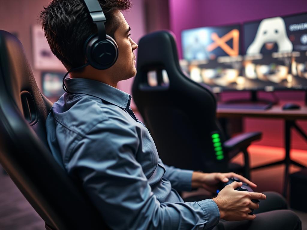 A focused view of a gamer sitting in an ergonomic gaming chair with built-in lumbar support, showcasing how the support contours to the natural shape of the spine. The foreground features the gamer, dressed in a smart casual shirt and relaxed posture, with hands on a gaming controller. In the middle ground, details of the ergonomic chair highlight the adjustable lumbar support cushion, emphasizing its design for comfort and improved posture. The background depicts a modern gaming setup, softly illuminated by ambient lighting, creating an immersive atmosphere. The overall mood conveys a sense of concentration and performance enhancement, illustrating the importance of lumbar support in gaming sessions, captured with a slight angled perspective to highlight the chair's features effectively. A focused view of a gamer sitting in an ergonomic gaming chair with built-in lumbar support, showcasing how the support contours to the natural shape of the spine. The foreground features the gamer, dressed in a smart casual shirt and relaxed posture, with hands on a gaming controller. In the middle ground, details of the ergonomic chair highlight the adjustable lumbar support cushion, emphasizing its design for comfort and improved posture. The background depicts a modern gaming setup, softly illuminated by ambient lighting, creating an immersive atmosphere. The overall mood conveys a sense of concentration and performance enhancement, illustrating the importance of lumbar support in gaming sessions, captured with a slight angled perspective to highlight the chair's features effectively.