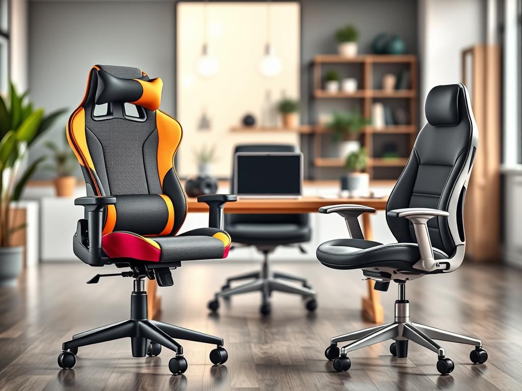 A high-quality image featuring a side-by-side comparison of ergonomic office chairs and gaming chairs in a modern office environment. In the foreground, showcase the Comfy Flexy Uni gaming chair on the left, detailed with its vibrant colors, adjustable features, and breathable material. On the right, place a sleek ergonomic office chair, designed for comfort with a minimalist aesthetic. The middle ground should have a smooth wooden desk with a laptop and office essentials, creating a tech-savvy atmosphere. In the background, softly blurred office décor such as plants and shelves, with soft, natural lighting illuminating the scene. The mood should be professional yet inviting, emphasizing the functionality and aesthetic appeal of both chair types.