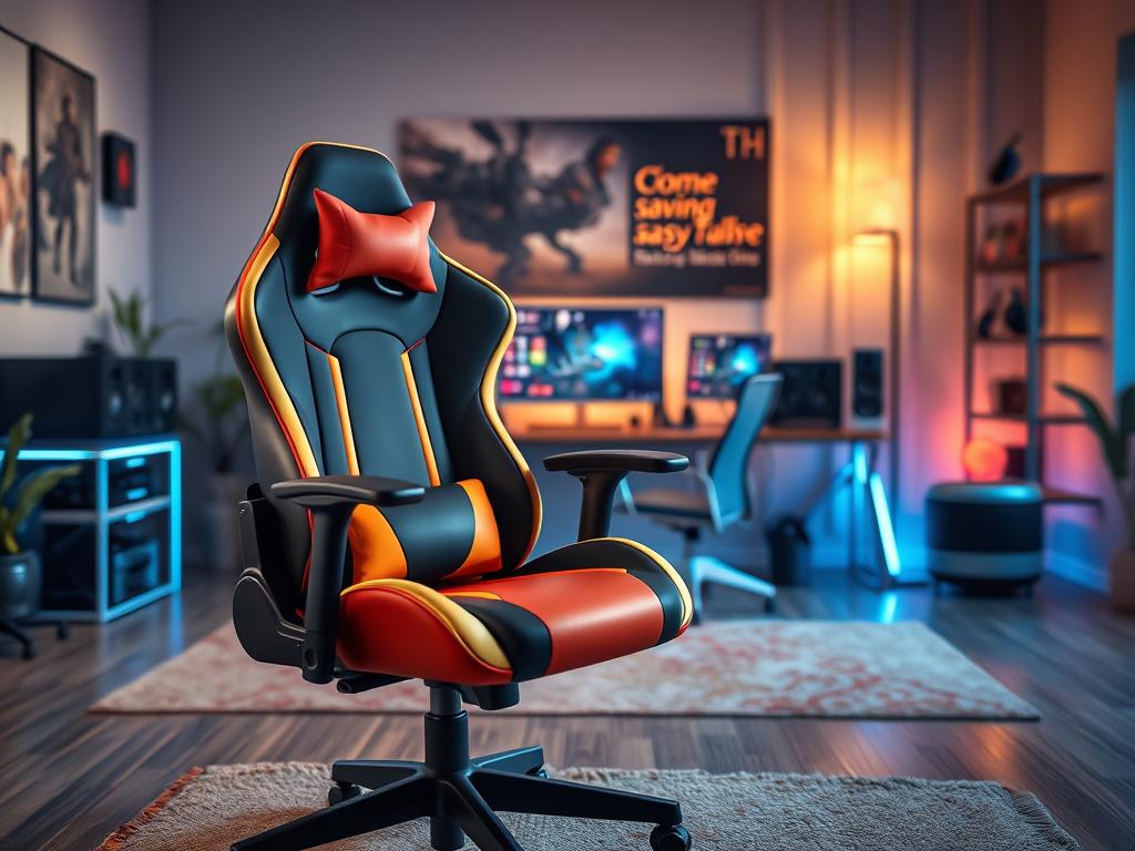 A high-quality image showcasing an ergonomic gaming chair titled "Comfy New Stance Ultra" positioned prominently in the foreground. The chair features a sleek design with a vibrant color scheme, plush cushions, adjustable armrests, and a high back for optimal support. In the middle ground, include an organized gaming setup with a desk, a monitor displaying a gaming interface, and accessories like a headset and keyboard. The background should depict a cozy gaming room ambiance with soft ambient lighting, creating a welcoming atmosphere. Use a slight overhead angle to emphasize the chair's features, ensuring the lighting highlights its contours and textures. The mood conveys comfort, modernity, and a stylish touch, inviting the viewer to consider the chair as a prime choice for gamers seeking ergonomic solutions.