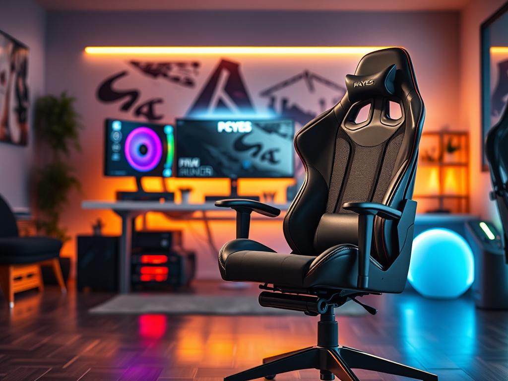 A highly detailed image of the PCYES Mad Racer gaming chair, showcasing its superior ventilation features, perfect for hot climates. The chair should be positioned prominently in the foreground, highlighting its ergonomic design and breathable mesh material. In the middle layer, include a modern gaming setup with a sleek PC, colorful RGB lighting, and gaming accessories to illustrate an immersive environment. The background should feature a stylish gaming room with soft ambient lighting, hinting at a relaxed atmosphere for long gaming sessions. Capture the scene with a dynamic angle, emphasizing the chair's contours and textures. Opt for bright, warm lighting to convey a sense of energy and comfort in the space. A highly detailed image of the PCYES Mad Racer gaming chair, showcasing its superior ventilation features, perfect for hot climates. The chair should be positioned prominently in the foreground, highlighting its ergonomic design and breathable mesh material. In the middle layer, include a modern gaming setup with a sleek PC, colorful RGB lighting, and gaming accessories to illustrate an immersive environment. The background should feature a stylish gaming room with soft ambient lighting, hinting at a relaxed atmosphere for long gaming sessions. Capture the scene with a dynamic angle, emphasizing the chair's contours and textures. Opt for bright, warm lighting to convey a sense of energy and comfort in the space.