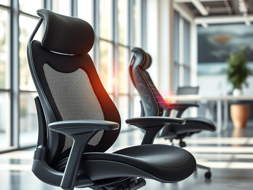 A modern ergonomic chair is showcased prominently in the foreground, revealing its sleek contours and padding designed for comfort and support. The seat boasts breathable mesh fabric and memory foam cushions, emphasizing its advanced materials. In the middle ground, a variety of cutting-edge technologies, such as adjustable lumbar support and a reclining mechanism, are visually highlighted through transparent sections of the chair. The background features a well-lit, contemporary office environment, with natural light streaming through large windows, creating a fresh and inviting atmosphere. The composition should evoke a sense of innovation and health, inviting viewers to appreciate the blend of design and technology. The image is captured with a shallow depth of field, focusing intently on the chair, promoting the importance of ergonomic solutions for health. A modern ergonomic chair is showcased prominently in the foreground, revealing its sleek contours and padding designed for comfort and support. The seat boasts breathable mesh fabric and memory foam cushions, emphasizing its advanced materials. In the middle ground, a variety of cutting-edge technologies, such as adjustable lumbar support and a reclining mechanism, are visually highlighted through transparent sections of the chair. The background features a well-lit, contemporary office environment, with natural light streaming through large windows, creating a fresh and inviting atmosphere. The composition should evoke a sense of innovation and health, inviting viewers to appreciate the blend of design and technology. The image is captured with a shallow depth of field, focusing intently on the chair, promoting the importance of ergonomic solutions for health.