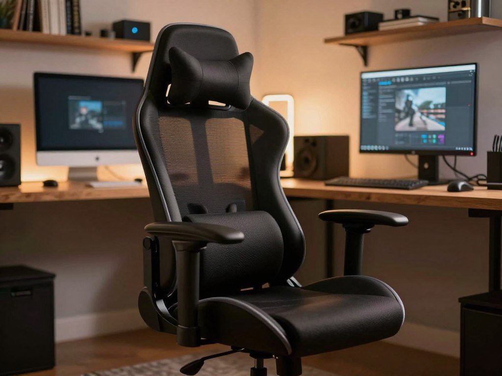 A modern ergonomic gaming chair designed for programmers, emphasizing essential components: an adjustable lumbar support, height-adjustable seat, and customizable armrests. The chair is positioned prominently in the foreground, showcasing its sleek design and the lumbar cushion in focus. Surrounding the chair, a cozy home office environment features a wooden desk with a computer setup, soft ambient lighting providing a warm glow. The background includes shelves filled with books and tech gadgets, creating an inviting workspace atmosphere. The image is captured with a shallow depth of field, with a soft blur on the background elements, drawing attention to the chair. Ensure the environment is clutter-free and the overall ambiance reflects a focus-enhancing, professional setting.