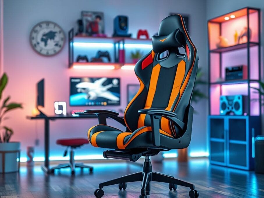 A modern ergonomic gaming chair is showcased prominently in the foreground, featuring sleek lines, vibrant colors, and high-quality materials like breathable mesh and soft leather. The chair is positioned on a stylish, minimalist desk with a high-tech gaming setup, including a glowing keyboard and monitor. In the middle ground, subtle lighting accents from the desk illuminate the chair, highlighting its contours and details. The background features a softly blurred interior of a cozy gaming room, with shelves displaying gaming memorabilia and ambient LED lights, creating a dynamic, inviting atmosphere. The scene conveys a sense of innovation and comfort, perfect for promoting the benefits of ergonomic design in gaming chairs.