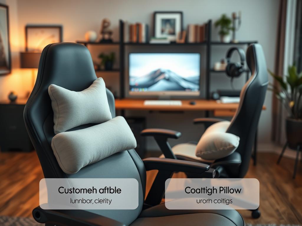 A modern ergonomic gaming chair positioned in a stylish home office setting. The focus is on a customizable lumbar support pillow and a plush neck pillow, displayed prominently in the foreground. In the middle, a tidy desk with a high-resolution monitor, sleek keyboard, and a gaming headset. Soft, warm lighting illuminates the scene, creating a cozy atmosphere that invites productivity. The background features a stylish bookshelf adorned with gaming books and decor, and a potted plant adding a touch of nature. The overall mood is professional yet relaxed, emphasizing comfort and optimization for gaming and work. Shot with a shallow depth of field to highlight the ergonomic features, conveying a sense of innovation and thoughtful design. A modern ergonomic gaming chair positioned in a stylish home office setting. The focus is on a customizable lumbar support pillow and a plush neck pillow, displayed prominently in the foreground. In the middle, a tidy desk with a high-resolution monitor, sleek keyboard, and a gaming headset. Soft, warm lighting illuminates the scene, creating a cozy atmosphere that invites productivity. The background features a stylish bookshelf adorned with gaming books and decor, and a potted plant adding a touch of nature. The overall mood is professional yet relaxed, emphasizing comfort and optimization for gaming and work. Shot with a shallow depth of field to highlight the ergonomic features, conveying a sense of innovation and thoughtful design.