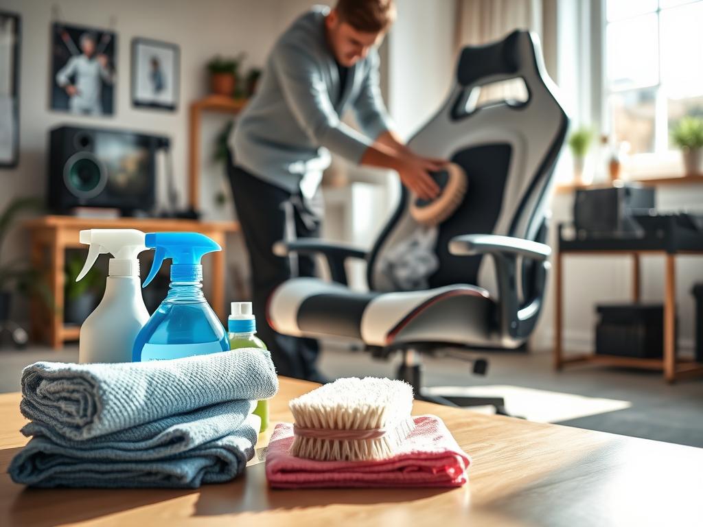 A modern, ergonomic gaming chair set in a well-lit room. In the foreground, various cleaning tools are neatly arranged, including microfiber cloths, a soft brush, and eco-friendly cleaning solutions. The middle ground features the gaming chair being meticulously cleaned, showcasing deep cleaning techniques—a person dressed in professional attire using a brush on the chair's fabric, demonstrating care and precision. The background displays a tidy room with gaming paraphernalia, adding a touch of personality without distraction. Natural sunlight streams through a window, creating a warm and inviting atmosphere, highlighting the chair's contours and the sheen of freshly cleaned surfaces. The focus is sharp, emphasizing the cleaning process while maintaining a serene mood. A modern, ergonomic gaming chair set in a well-lit room. In the foreground, various cleaning tools are neatly arranged, including microfiber cloths, a soft brush, and eco-friendly cleaning solutions. The middle ground features the gaming chair being meticulously cleaned, showcasing deep cleaning techniques—a person dressed in professional attire using a brush on the chair's fabric, demonstrating care and precision. The background displays a tidy room with gaming paraphernalia, adding a touch of personality without distraction. Natural sunlight streams through a window, creating a warm and inviting atmosphere, highlighting the chair's contours and the sheen of freshly cleaned surfaces. The focus is sharp, emphasizing the cleaning process while maintaining a serene mood.