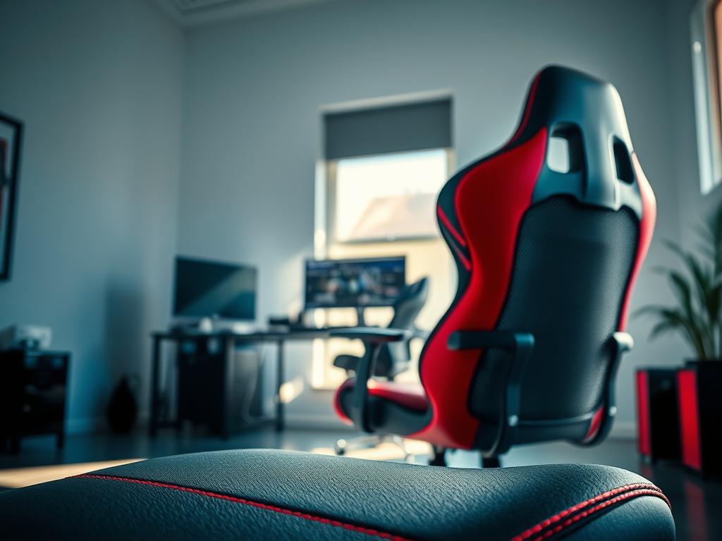 A modern gaming chair is prominently displayed in a well-lit, minimalist room. The chair is designed with a sleek mesh backrest allowing for breathability, paired with vibrant synthetic leather upholstery in black and red accents. The ergonomic shape supports the posture while emphasizing comfort and style. In the foreground, close-up details showcase the stitching and texture of the materials, highlighting the quality finish. The middle area features a slightly blurred view of a desktop with gaming accessories, creating a tech-savvy ambiance. Soft, diffused natural light streams in from a nearby window, casting gentle shadows, while cool ambient lighting enhances the gaming theme. The overall atmosphere conveys sophistication and modernity, ideal for professional gamers.