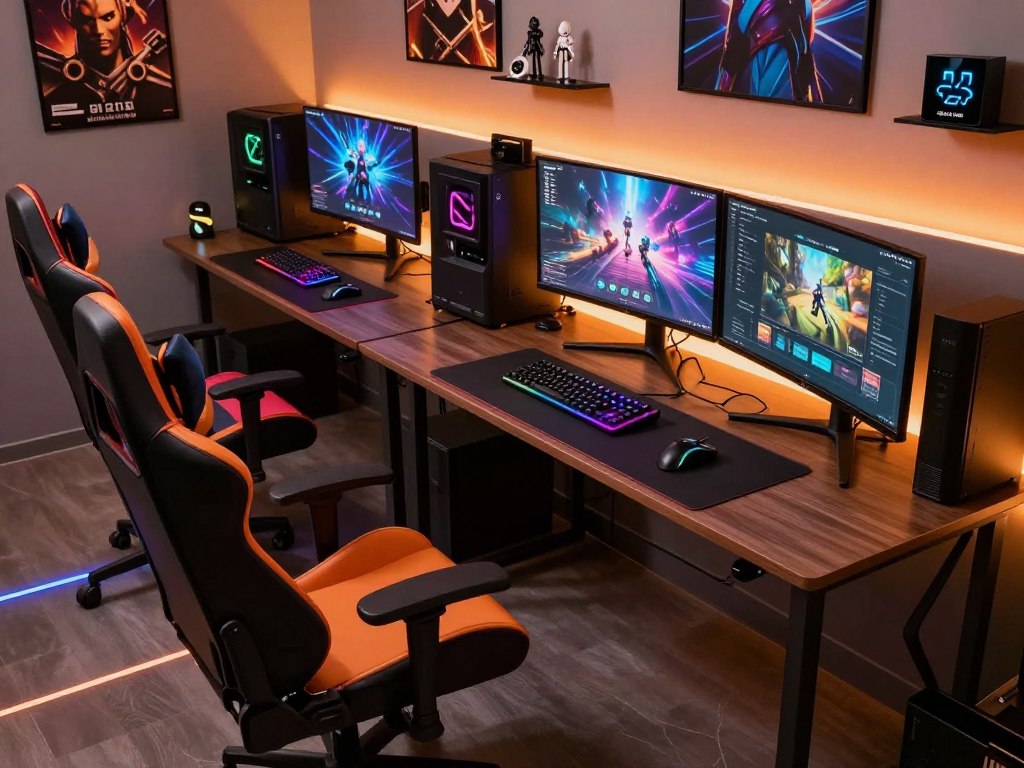A modern gaming workspace showcasing the latest trends and innovations in the gaming market. In the foreground, sleek ergonomic gaming chairs in vibrant colors, highlighting their ergonomic features like adjustable armrests and lumbar support. In the middle, a high-tech gaming desk with multiple monitors displaying dynamic graphics and game interfaces, alongside gaming peripherals like mechanical keyboards and RGB mice. In the background, a stylish room with ambient LED lighting, decorated with gamified elements like posters, collectibles, and smart technology. The scene is illuminated with warm, inviting lighting, creating an atmosphere of productivity and creativity. The angle is slightly elevated to capture the entire setup, emphasizing the integration of gaming and work.