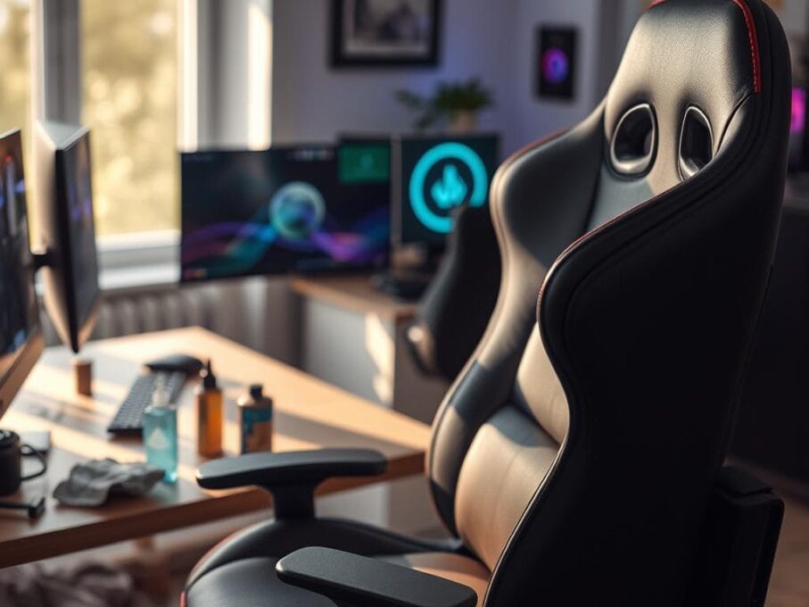 A professional workspace featuring a high-quality gaming chair in the foreground, showcasing its ergonomic features such as adjustable armrests, lumbar support, and a sleek design. The middle ground includes essential maintenance tools like a microfiber cloth, lubricant, and a small vacuum cleaner, hinting at upkeep tasks. In the background, a softly lit room with a modern gaming setup, including a computer with dual monitors and ambient LED lighting, sets a cozy yet focused atmosphere. The scene is well-composed with natural light streaming from a window, casting gentle shadows that enhance the chair's details. The overall mood is inviting and professional, ideal for inspiring gamers to maintain their chair for optimal posture and comfort.