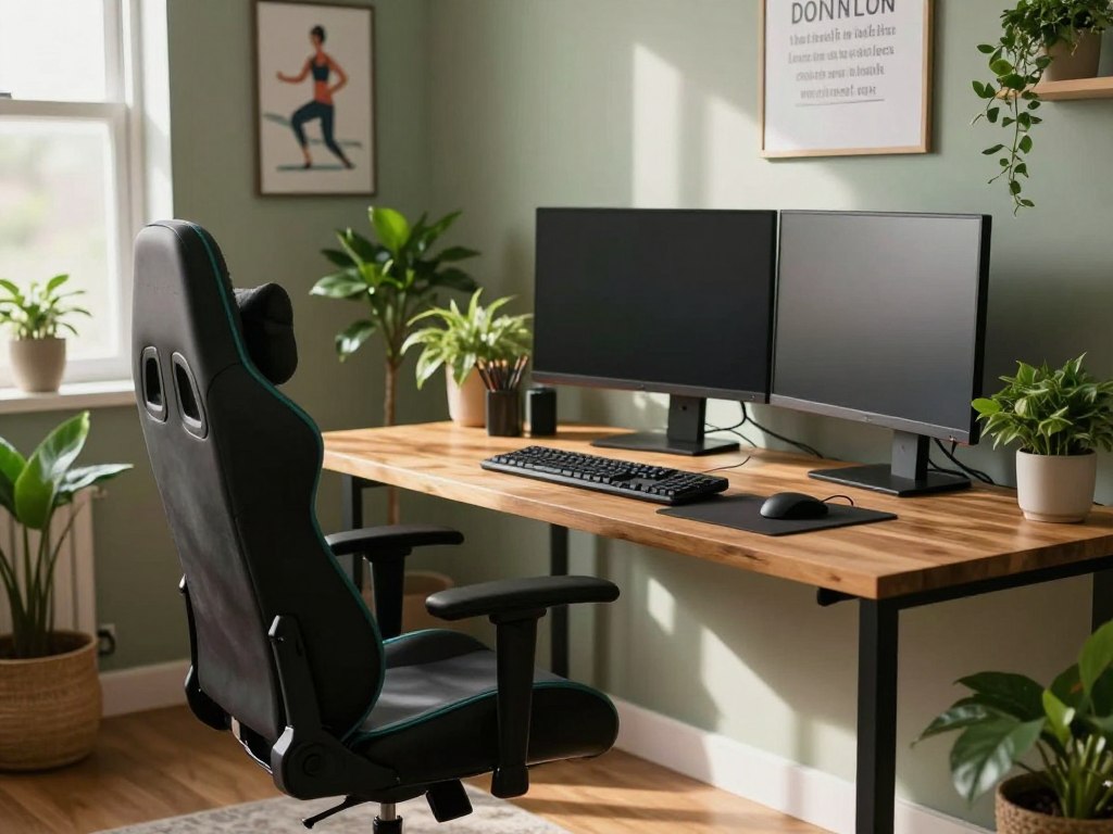 A serene and inviting workspace focused on long-term health care, featuring an ergonomic gamer chair at the forefront, equipped with adjustable armrests and lumbar support. In the middle, a sleek wooden desk holds a modern computer setup with dual monitors, surrounded by green indoor plants that enhance air quality. The background shows a soft-lit home office environment, with natural light streaming through a window, casting gentle shadows. A motivational poster about health and fitness hangs on the wall, reinforcing the theme of wellness. The atmosphere is calm and productive, inviting viewers to imagine a healthier, comfortable workspace ideal for programmers. A subtle color palette of greens and earth tones contributes to a soothing mood.