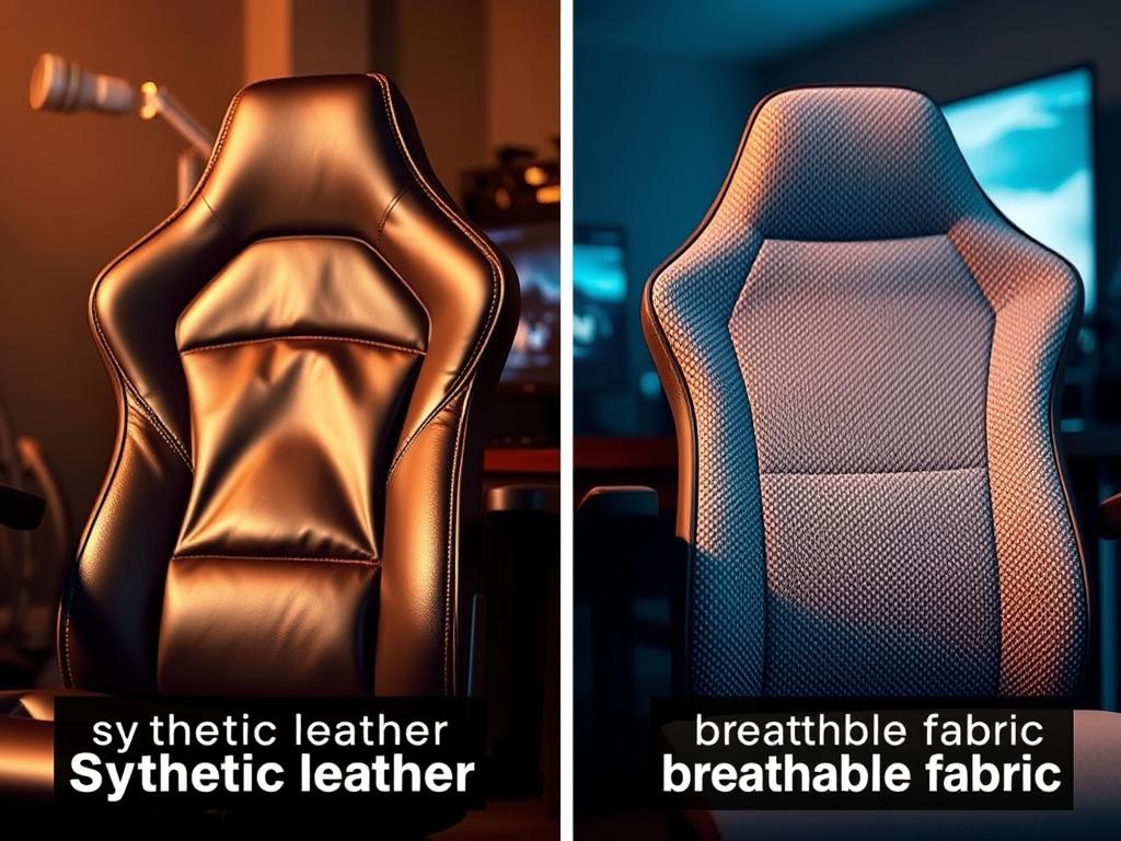 A side-by-side comparison image displaying a gamer chair made of synthetic leather and another made of breathable fabric. In the foreground, two chairs are prominently featured: the left chair is sleek and shiny, showcasing its synthetic leather upholstery with detailed stitching and a modern design; the right chair has a textured, breathable fabric covering, emphasizing comfort and airflow. The middle ground displays labels indicating "Synthetic Leather" and "Breathable Fabric," while the background is softly blurred, hinting at a cozy gaming setup with dim lighting. The atmosphere conveys a sense of professionalism and focus, suitable for a guide on ergonomic gaming chairs. The lighting is warm and inviting, highlighting the unique features of each material. A side-by-side comparison image displaying a gamer chair made of synthetic leather and another made of breathable fabric. In the foreground, two chairs are prominently featured: the left chair is sleek and shiny, showcasing its synthetic leather upholstery with detailed stitching and a modern design; the right chair has a textured, breathable fabric covering, emphasizing comfort and airflow. The middle ground displays labels indicating "Synthetic Leather" and "Breathable Fabric," while the background is softly blurred, hinting at a cozy gaming setup with dim lighting. The atmosphere conveys a sense of professionalism and focus, suitable for a guide on ergonomic gaming chairs. The lighting is warm and inviting, highlighting the unique features of each material.