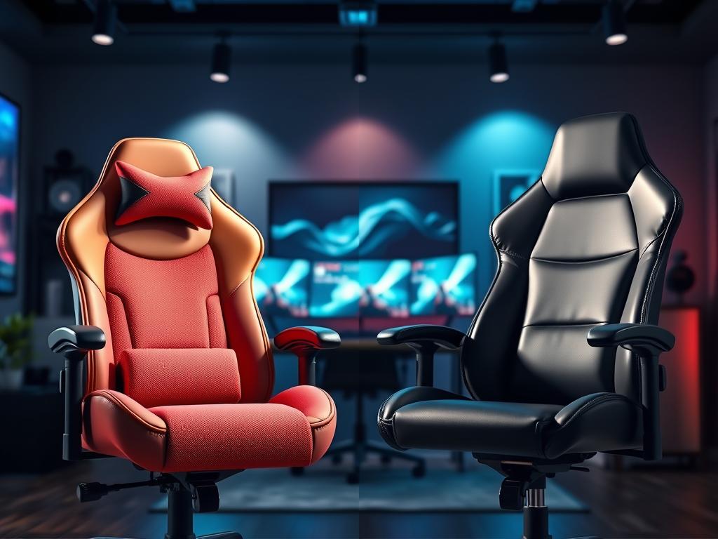 A side-by-side comparison of two ergonomic gaming chairs in a stylish, modern room. On the left, a chair upholstered in breathable fabric with a vibrant color palette, showcasing detailed stitching and a plush seat cushion. On the right, a sleek PU leather chair with a glossy finish, highlighting its premium look and angular design. The background features a gaming setup with ambient lighting, casting a soft glow that emphasizes the texture differences of the materials. The focus is sharp on the chairs, while the background has a slight blur, creating depth. The scene conveys a sense of comfort and innovation, appealing to gamers seeking ergonomic solutions.