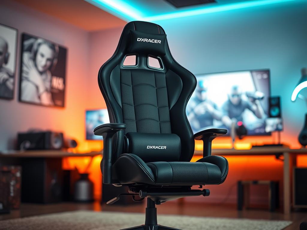 A sleek DXRacer Nex Max gaming chair with a robust steel frame and premium finish, prominently positioned as the focal point. The chair features ergonomic curves, high-quality fabric, and subtle branding, showcasing a blend of comfort and style. In the background, a modern gaming setup with RGB lighting casts a warm glow, enhancing the chair's aesthetic appeal. Soft, diffused lighting illuminates the chair, highlighting its textures and details. A blurred environment of a stylish gaming room includes a large monitor and gaming peripherals, creating an immersive atmosphere. Capture the image from a slight angle to convey depth, emphasizing the chair's structure and premium features, with a focus on elegance and sophistication. The overall mood is dynamic and inviting, perfect for a gaming enthusiast's space.