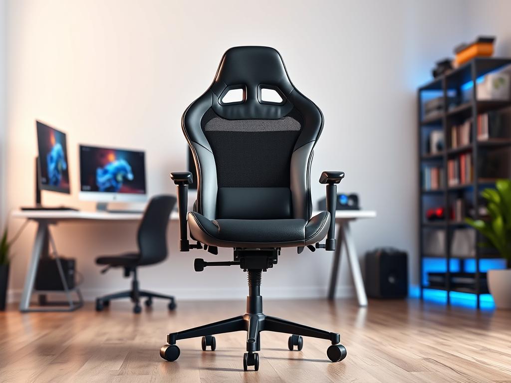 A sleek and affordable gaming chair with excellent reviews, designed for maximum ergonomic comfort. The chair has a modern aesthetic, featuring a breathable mesh backrest, adjustable armrests, and a sturdy base with smooth-rolling casters. In the foreground, the chair is centered with a slight tilt, showcasing its cushioning and support features. The middle ground includes a minimalistic, well-lit room with a desk set up for gaming, a high-end monitor, and RGB lighting accents in soft blue. The background features a blurred bookshelf filled with gaming accessories. The lighting is soft and inviting, creating a cozy yet professional atmosphere, enhancing the chair's appeal as a budget-friendly choice for gamers. The angle is slightly above eye level, emphasizing the chair’s ergonomic design, and ensuring a clean, distraction-free composition. A sleek and affordable gaming chair with excellent reviews, designed for maximum ergonomic comfort. The chair has a modern aesthetic, featuring a breathable mesh backrest, adjustable armrests, and a sturdy base with smooth-rolling casters. In the foreground, the chair is centered with a slight tilt, showcasing its cushioning and support features. The middle ground includes a minimalistic, well-lit room with a desk set up for gaming, a high-end monitor, and RGB lighting accents in soft blue. The background features a blurred bookshelf filled with gaming accessories. The lighting is soft and inviting, creating a cozy yet professional atmosphere, enhancing the chair's appeal as a budget-friendly choice for gamers. The angle is slightly above eye level, emphasizing the chair’s ergonomic design, and ensuring a clean, distraction-free composition.