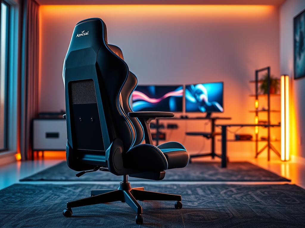 A sleek and modern Aerocool EVO Thunder X4 gaming chair stands prominently in the foreground, showcasing its unique Air Tech ventilation system. The chair features a compact design with a bold color palette of black and electric blue accents, emphasizing its ergonomic contours. In the middle ground, a stylish gaming setup is displayed, including a high-tech computer monitor and RGB backlighting, enhancing the gaming ambiance. The background consists of a stylish, minimalistic room, softly illuminated by warm, ambient lighting that highlights the chair's features. The scene conveys a mood of comfort and modernity, inviting viewers to envision an ergonomically designed space for gaming enthusiasts. Capture the image from a dynamic angle that showcases the chair's height and form, while creating a sense of depth and engagement.