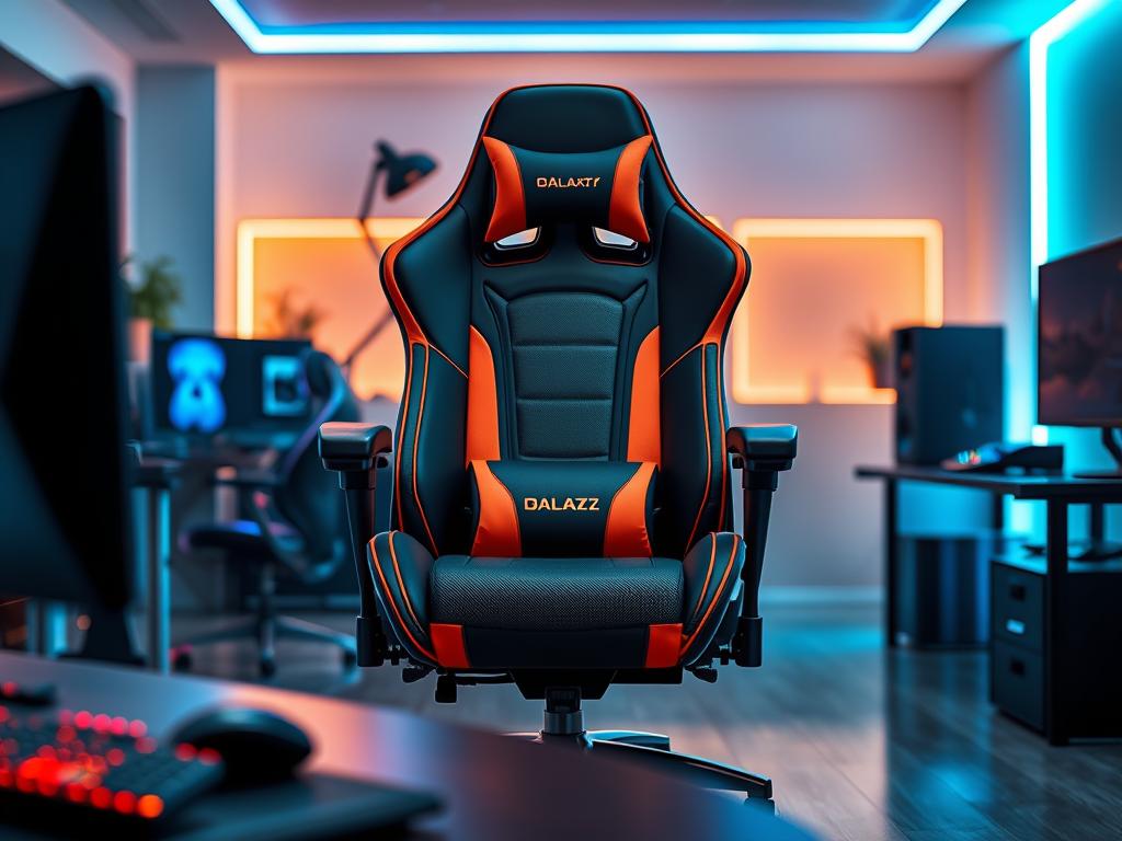 A sleek and modern "Galaxy Thunder" gaming chair by Dazz, featuring ergonomic design with premium lumbar and cervical support. The chair is depicted in a contemporary gaming setup, with a stylish gaming desk and high-tech accessories in the foreground. In the middle, the chair stands out with bold colors and intricate stitching details, showcasing its robust build and comfort features. The background includes a softly lit room with ambient LED lights, creating an inviting and focused atmosphere ideal for gamers. The image is captured from a slight angle to highlight the chair's contours and functionality, with a soft focus on the surrounding elements to emphasize the main subject.