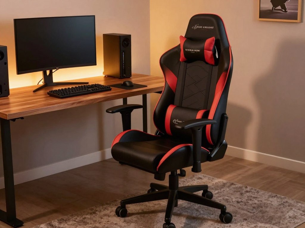 A sleek and modern gamer chair sits prominently in a stylish home office setting. The foreground features the ergonomic chair in a vibrant color, showcasing its adjustable features and comfortable cushioning. To the left, a contemporary wooden desk holds a high-end gaming setup, including a curved monitor and keyboard. In the background, warm ambient lighting enhances the atmosphere, with soft shadows cast on the walls. The entire scene is captured from a slightly elevated angle to highlight the chair's design and functionality. The mood is inviting and inspiring, perfect for gamers looking to enhance their workspace with ergonomic seating solutions. Ensure the image remains free of any text, logos, or watermarks.