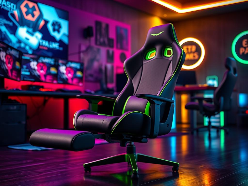 A sleek ergonomic gamer chair with a footrest, set in a modern gaming environment. The chair features a high back with lumbar support, adjustable armrests, and a vibrant color palette of black and neon green. It is positioned prominently in the foreground, showcasing its cushioning and design. The background includes a stylish gaming setup with a large screen and ambient LED lighting that casts a soft glow, enhancing the cool atmosphere. The scene is captured from a slight angle to emphasize the chair's curves and functionality, with warm and inviting lighting that suggests a comfortable gaming experience. The overall mood is dynamic and aspirational, appealing to avid gamers looking for comfort and style. A sleek ergonomic gamer chair with a footrest, set in a modern gaming environment. The chair features a high back with lumbar support, adjustable armrests, and a vibrant color palette of black and neon green. It is positioned prominently in the foreground, showcasing its cushioning and design. The background includes a stylish gaming setup with a large screen and ambient LED lighting that casts a soft glow, enhancing the cool atmosphere. The scene is captured from a slight angle to emphasize the chair's curves and functionality, with warm and inviting lighting that suggests a comfortable gaming experience. The overall mood is dynamic and aspirational, appealing to avid gamers looking for comfort and style.