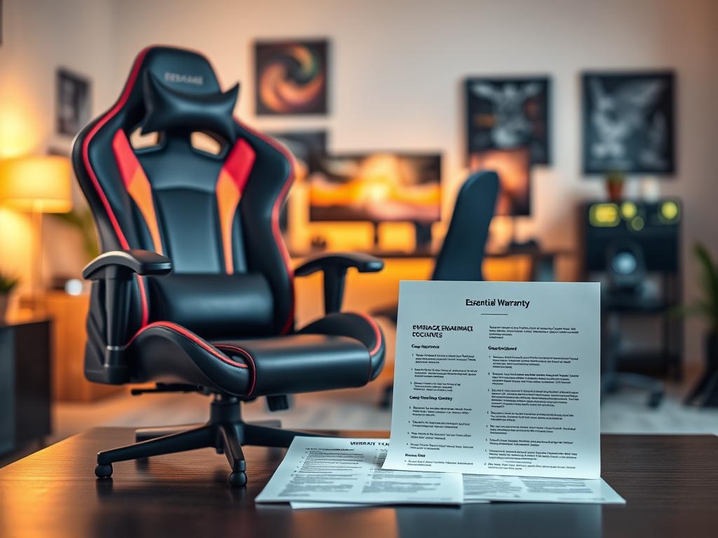 A sleek ergonomic gaming chair positioned prominently in the foreground, showcasing its modern design with adjustable armrests and vibrant colors. In the middle ground, essential warranty documents are neatly arranged beside the chair, with bullet points highlighting coverage details, printed in a clean, professional font. The background features a softly blurred home office environment, including a stylish desk and gaming setup, illuminated by warm, ambient lighting that creates an inviting atmosphere. The scene is captured from a slightly elevated angle, emphasizing both the chair and documents, with a focus on clarity and professionalism. The mood is informative and engaging, ideal for conveying the significance of warranty coverage for ergonomic gaming chairs.