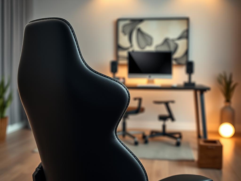 A sleek, ergonomic gaming chair, the "DT3 Nero," prominently featured in the foreground. The chair is designed with an integrated lumbar support system, showcasing its contours and adjustable depth feature. The upholstery is a matte black with subtle texture, reflecting a modern aesthetic. Soft, ambient lighting creates a warm atmosphere, while a slight spotlight highlights the chair’s design details, such as the stitching and adjustable components. In the middle ground, a stylish, minimalistic desk setup with a gaming monitor and keyboard is softly blurred, hinting at a gaming environment. The background is a muted, cozy room with a hint of abstract wall art, emphasizing a professional yet relaxed mood. The image exudes a sense of comfort and functionality, ideal for ergonomic gaming. A sleek, ergonomic gaming chair, the "DT3 Nero," prominently featured in the foreground. The chair is designed with an integrated lumbar support system, showcasing its contours and adjustable depth feature. The upholstery is a matte black with subtle texture, reflecting a modern aesthetic. Soft, ambient lighting creates a warm atmosphere, while a slight spotlight highlights the chair’s design details, such as the stitching and adjustable components. In the middle ground, a stylish, minimalistic desk setup with a gaming monitor and keyboard is softly blurred, hinting at a gaming environment. The background is a muted, cozy room with a hint of abstract wall art, emphasizing a professional yet relaxed mood. The image exudes a sense of comfort and functionality, ideal for ergonomic gaming.