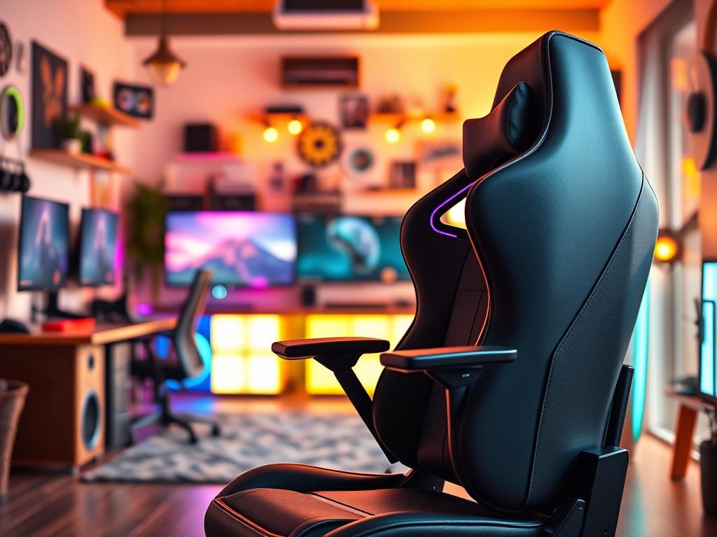 A sleek, modern ergonomic gamer chair prominently displayed in the foreground, featuring adjustable armrests, a high backrest, and vibrant color accents, ideal for long hours of gaming. In the middle ground, a cozy, well-lit gaming room filled with gaming equipment and decorations, including a large monitor and RGB lighting, creating an inviting atmosphere. The background shows a softly blurred gaming setup, emphasizing the chair's importance in enhancing comfort and circulation. The lighting is warm and ambient, casting gentle shadows, and the angle is slightly elevated, providing a comprehensive view of the chair's design and structure. The overall mood is energetic yet relaxing, appealing to gamers seeking ergonomic solutions.