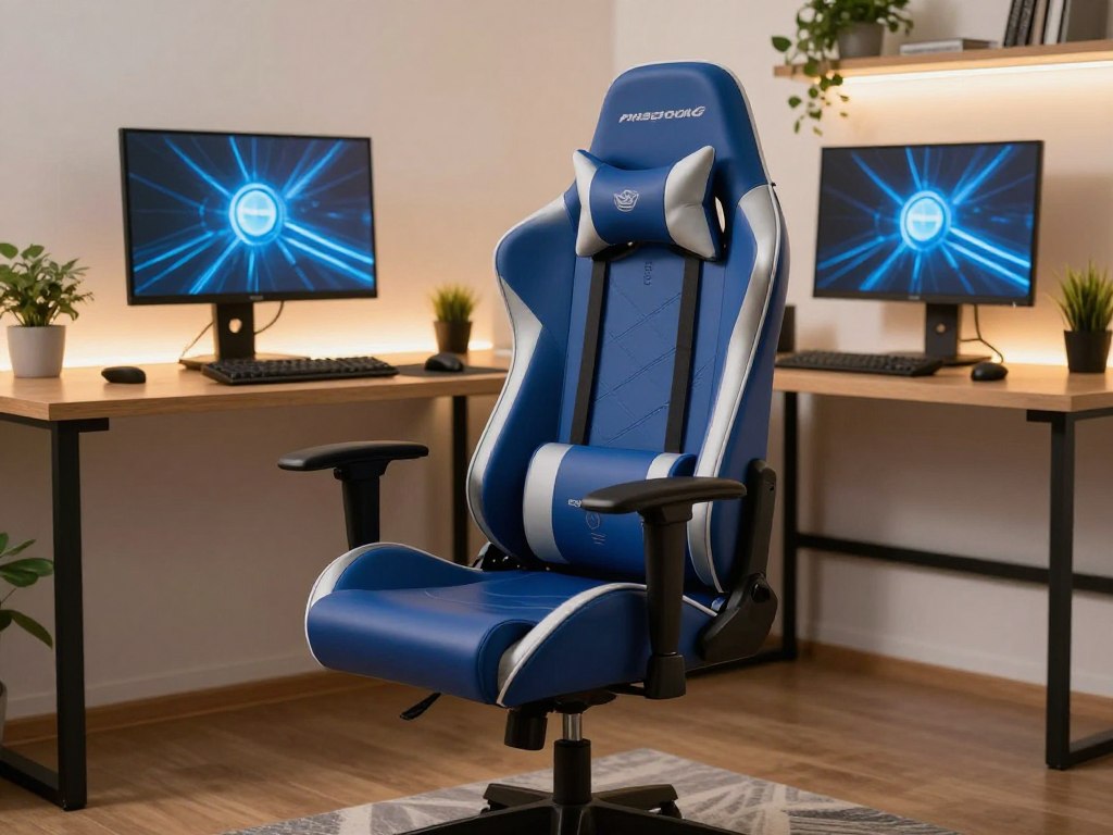 A sleek, modern gaming chair designed with ergonomic contours and high-quality materials, featuring bold colors like deep blue and silver accents. The chair is positioned in an inviting home office setting that blends style and function. In the foreground, the chair showcases its adjustable features and lumbar support, while a stylish desk with a futuristic computer setup fills the middle ground. In the background, soft ambient lighting creates a cozy atmosphere, complemented by greenery and decorative elements to enhance the aesthetic appeal. The focus is on the chair, capturing its elegance and versatility, evoking a sense of comfort and productivity, suitable for both gaming and professional environments.