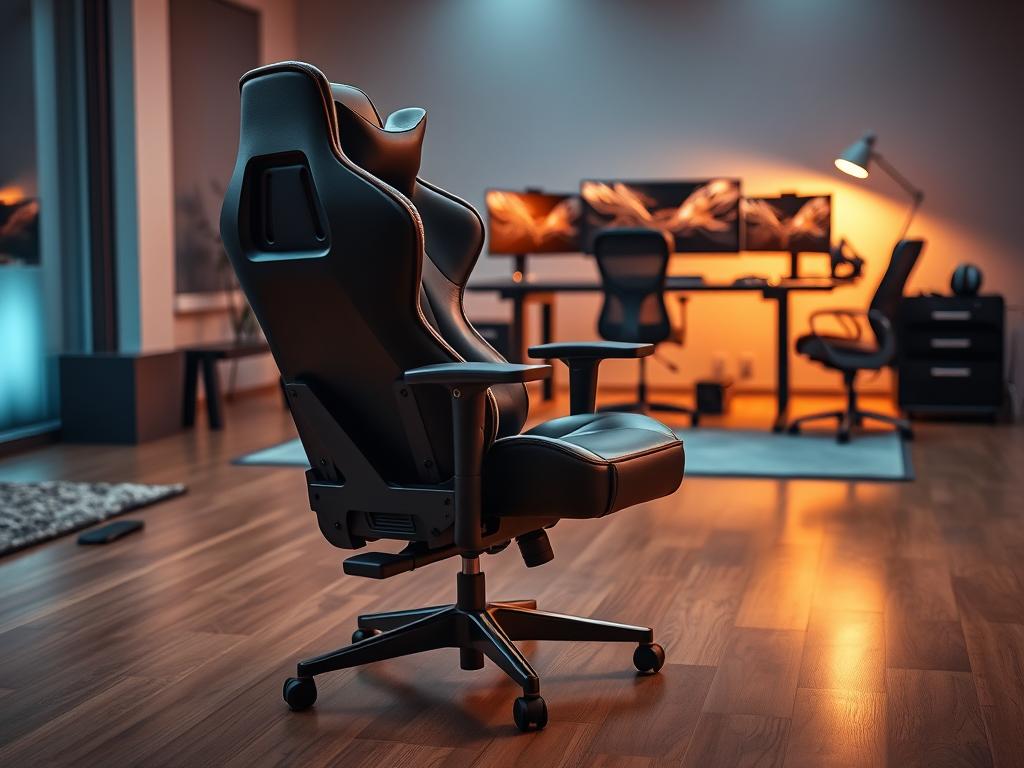 A sleek, modern gaming chair in the foreground, featuring ergonomic design elements like adjustable armrests, lumbar support, and a stylish racing-inspired aesthetic. The chair is positioned on a polished wooden floor, with hints of plush carpet underneath, suggesting a high-end gaming environment. In the middle ground, display a well-organized, stylish workspace with a gaming desk, a high-end monitor, and gaming accessories like a mechanical keyboard and headset, all subtly reflecting a professional atmosphere. The background shows soft, ambient lighting that casts a warm glow, enhancing the focus on the chair and workspace. The overall mood is inviting and aspirational, capturing the essence of a gamer’s sanctuary designed for comfort and productivity.