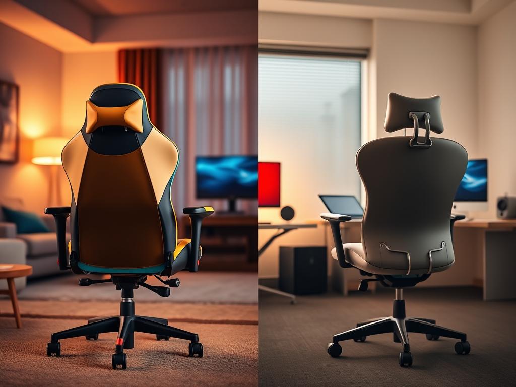 A split-screen comparison featuring a high-end gaming chair on the left and a sleek office chair on the right. In the foreground, the gaming chair is designed with vibrant colors, padded armrests, and an adjustable backrest, showcasing a modern, stylish look. The office chair, in contrast, is elegantly designed in neutral colors, with a minimalist aesthetic and ergonomic features like lumbar support. The middle ground highlights a small desk setup with gaming peripherals for the gaming chair side, while the office chair side displays a computer monitor and notepad for a professional workspace. The background fades into a cozy living room ambiance on the gaming side and a professional office environment on the office chair side, illuminated by soft, warm lighting to evoke a calm yet productive atmosphere. A split-screen comparison featuring a high-end gaming chair on the left and a sleek office chair on the right. In the foreground, the gaming chair is designed with vibrant colors, padded armrests, and an adjustable backrest, showcasing a modern, stylish look. The office chair, in contrast, is elegantly designed in neutral colors, with a minimalist aesthetic and ergonomic features like lumbar support. The middle ground highlights a small desk setup with gaming peripherals for the gaming chair side, while the office chair side displays a computer monitor and notepad for a professional workspace. The background fades into a cozy living room ambiance on the gaming side and a professional office environment on the office chair side, illuminated by soft, warm lighting to evoke a calm yet productive atmosphere.