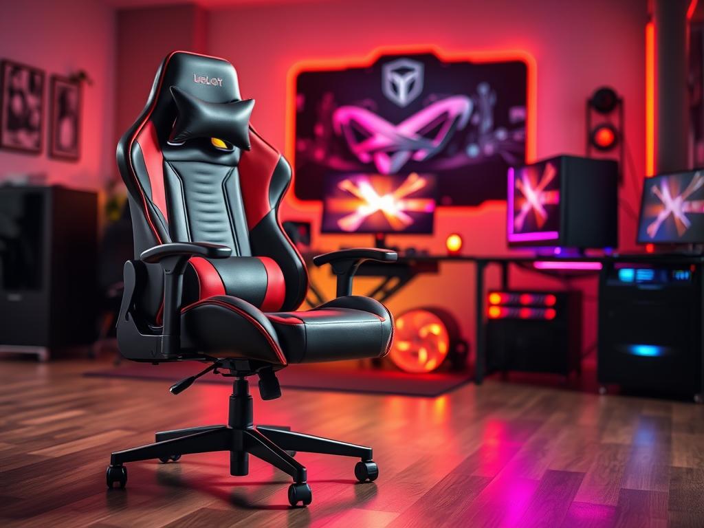 A stylish ergonomic gaming chair designed for entry-level gamers, featuring a comfortable lumbar support system. The chair has a sleek black and red color scheme with high-quality synthetic leather upholstery. In the foreground, focus on the chair, showcasing its adjustable armrests and a sturdy, five-point base with smooth-rolling wheels. In the middle background, display a well-lit modern gaming setup, including a desktop computer and vibrant RGB lighting, creating an engaging atmosphere for gamers. The lighting should be soft yet bright, highlighting the chair's contours, while warm tones create a welcoming feeling in the space. The overall mood should convey excitement and comfort, appealing to beginners looking for their first gaming chair without any text or additional distractions.