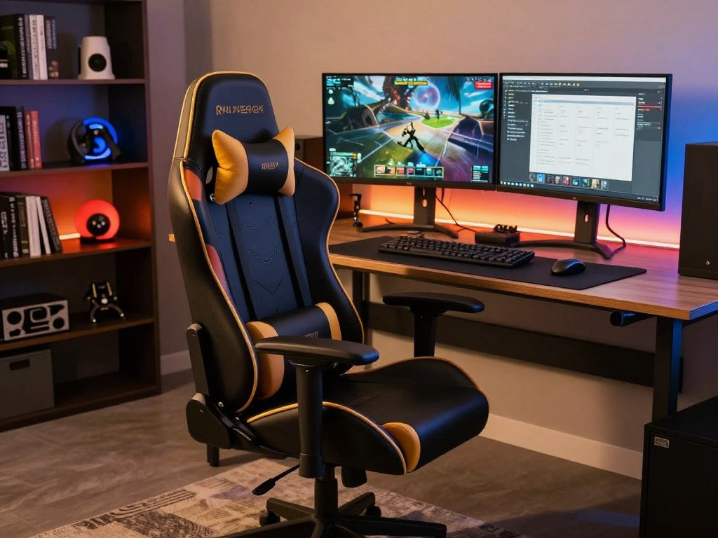 A stylish gaming chair is prominently featured in the foreground, showcasing an ergonomic design with vibrant color accents and adjustable armrests. The chair is set against a modern workspace, complete with a sleek gaming desk, dual monitors displaying game graphics and study materials. Soft ambient lighting casts a warm glow throughout the room, emphasizing the blend of comfort and style. In the background, a neatly arranged bookshelf with gaming paraphernalia and colorful accents complements the decor. The scene is captured from a slightly elevated angle, enhancing the depth of the workspace. The overall atmosphere is inviting and conducive to both study and gaming, reflecting a harmonious integration of design and functionality. A stylish gaming chair is prominently featured in the foreground, showcasing an ergonomic design with vibrant color accents and adjustable armrests. The chair is set against a modern workspace, complete with a sleek gaming desk, dual monitors displaying game graphics and study materials. Soft ambient lighting casts a warm glow throughout the room, emphasizing the blend of comfort and style. In the background, a neatly arranged bookshelf with gaming paraphernalia and colorful accents complements the decor. The scene is captured from a slightly elevated angle, enhancing the depth of the workspace. The overall atmosphere is inviting and conducive to both study and gaming, reflecting a harmonious integration of design and functionality.