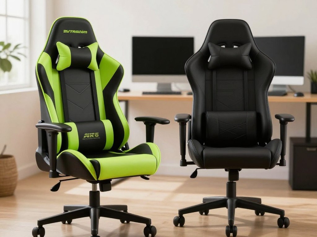 A vibrant and informative comparison image showcasing a gaming chair and an office chair side by side. In the foreground, the gaming chair is sleek and modern, featuring vivid colors like neon green and black with ergonomic design elements like reclining capabilities and supportive cushions. Next to it, the office chair appears sophisticated and professional, made of high-quality materials in a classic black with understated elegance, showcasing lumbar support and adjustable armrests. The middle ground includes a desk setup with a computer, keyboard, and mouse, reflecting a minimalist aesthetic. The background is softly blurred, hinting at an inviting home office environment with warm, natural lighting. Capture the contrast in style and function, conveying a mood of productivity and comfort. Focus on a clear perspective that highlights the features and usability of both chairs without any text or distractions.