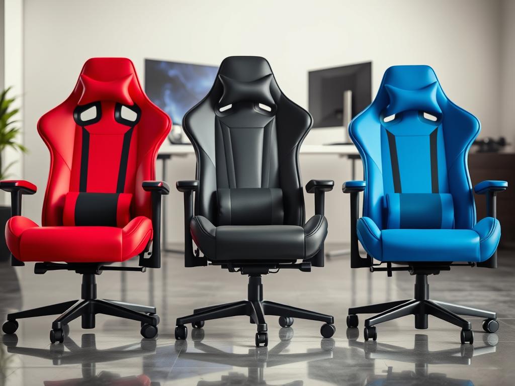 A vibrant and informative composition showcasing top-rated gaming chairs that offer excellent cost-benefit, emphasizing ergonomic design and modern aesthetics. In the foreground, feature three stylish gaming chairs in various colors—bold red, sleek black, and electric blue—aligned on a polished floor. The middle ground should have a well-lit display showcasing the ergonomic features, like lumbar support and adjustable armrests, highlighting their comfort and sophistication. In the background, softly blurred, include a minimalist gaming setup with a high-end monitor and peripherals to suggest a gamer’s environment. Use bright, natural lighting to create an inviting atmosphere, focusing on the chairs' details. The shot should be from a slight angle to give depth, framed to suggest a professional yet engaging space, ideal for a gaming enthusiast.