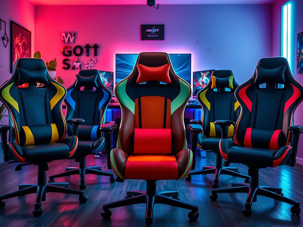 A visually appealing setup featuring several affordable ergonomic gaming chairs, prominently displayed in a modern gaming room. In the foreground, showcase three distinct models of gaming chairs, each with unique design features such as vibrant colors, adjustable armrests, and supportive headrests. The middle ground includes a sleek gaming desk with a high-quality monitor and gaming accessories, emphasizing a vibrant gaming atmosphere. In the background, soft LED lighting enhances the mood, casting a warm glow over the scene. Use a wide-angle lens to capture the dynamic depth of the room, focusing on the details of the chairs while maintaining a balance with the surrounding elements. The overall atmosphere should be energetic yet inviting, appealing to avid gamers seeking budget-friendly options.