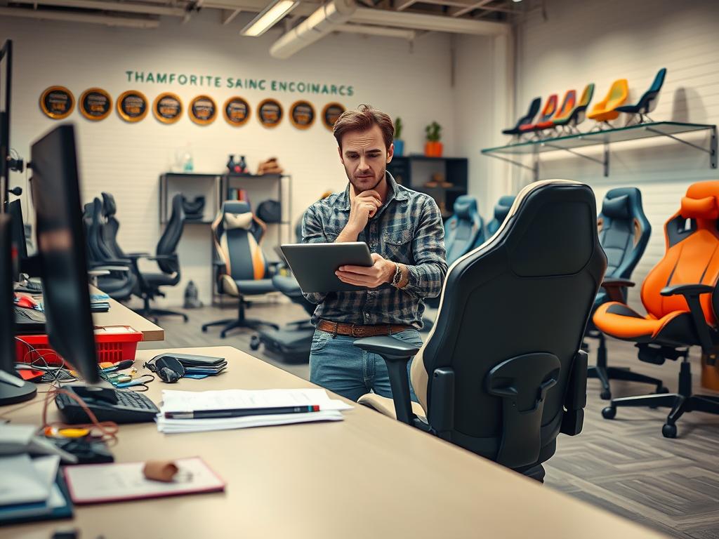 A visually engaging image depicting common mistakes when choosing an affordable gaming chair. In the foreground, showcase a cluttered desk with a sleek but poorly designed gaming chair, emphasizing its lack of ergonomic features. The middle ground should feature a thoughtful individual, dressed in modest casual attire, examining a gaming chair's specifications on a laptop with a confused expression. In the background, display a well-lit room filled with options of ergonomic gaming chairs, highlighting various styles and colors, with a shelf showcasing awards for comfort and design. The lighting should be bright and inviting, creating a sense of clarity, as if providing guidance on making the right choice. The atmosphere should evoke a mix of concern and hopefulness, illustrating the importance of selecting the right chair for gaming comfort.
