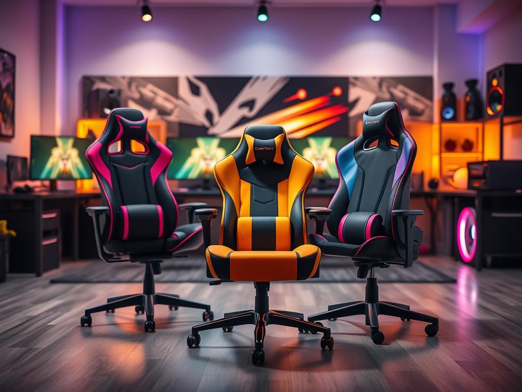 A visually striking scene showcasing a side-by-side comparison of ergonomic gaming chairs in a modern, stylish room. In the foreground, feature the Comfy New Stance Ultra chair prominently, with its sleek design, adjustable features, and vibrant color scheme. Adjacent to it, place two direct competitors, each with distinct styles and color contrasts, emphasizing their unique ergonomic features. The middle ground includes gaming accessories like a high-tech gaming setup, with two monitors and RGB lighting enhancing the ambiance. The background should be softly blurred, featuring subtle details of a cozy gaming den, creating an inviting atmosphere. Use soft, warm lighting to create a professional yet lively mood, with a slight camera angle that captures the essence of gaming culture without any text or branding elements.